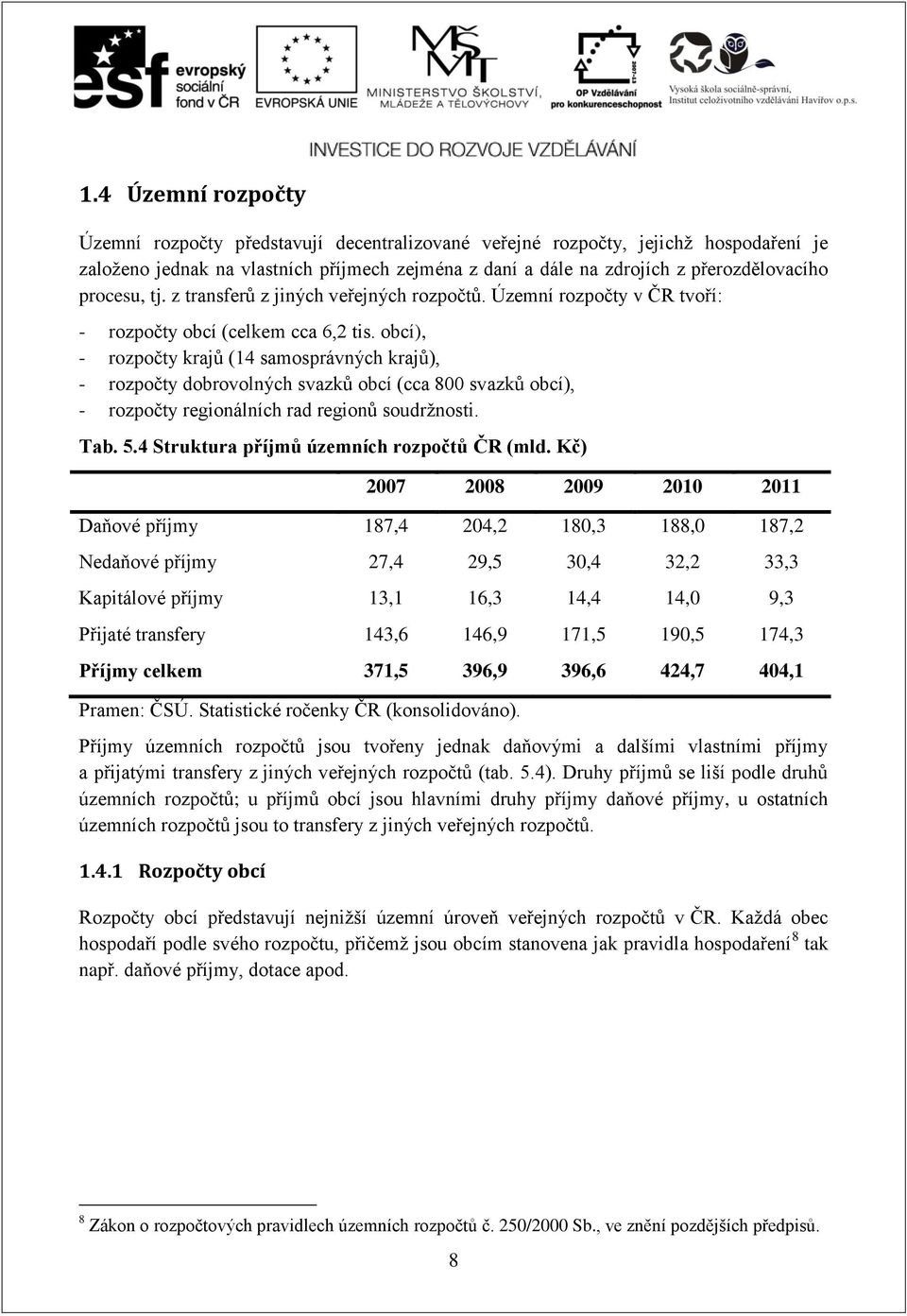 obcí), - rozpočty krajů (14 samosprávných krajů), - rozpočty dobrovolných svazků obcí (cca 800 svazků obcí), - rozpočty regionálních rad regionů soudržnosti. Tab. 5.