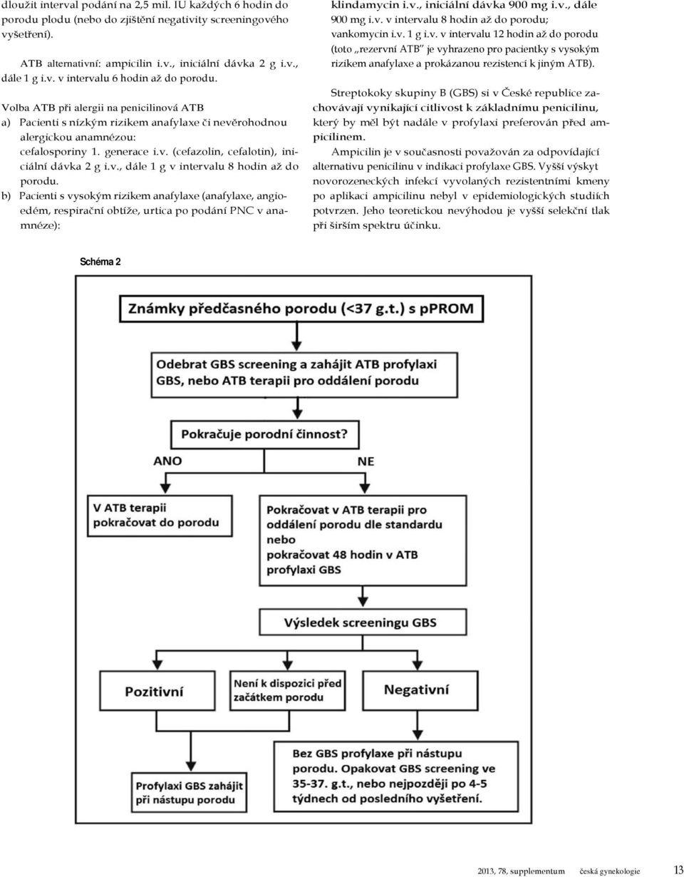 b) Pacienti s vysokým rizikem anafylaxe (anafylaxe, angioedém, respirační obtíže, urtica po podání PNC v anamnéze): klindamycin i.v., iniciální dávka 900 mg i.v., dále 900 mg i.v. v intervalu 8 hodin až do porodu; vankomycin i.