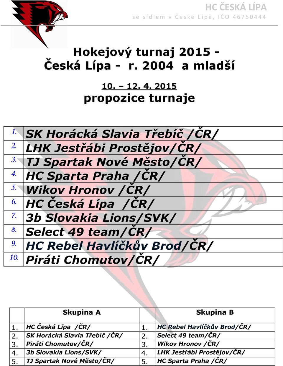 3b Slovakia Lions/SVK/ 8. Select 49 team/čr/ 9. HC Rebel Havlíčkův Brod/ČR/ 10. Skupina A Skupina B 1. HC Česká Lípa /ČR/ 1.