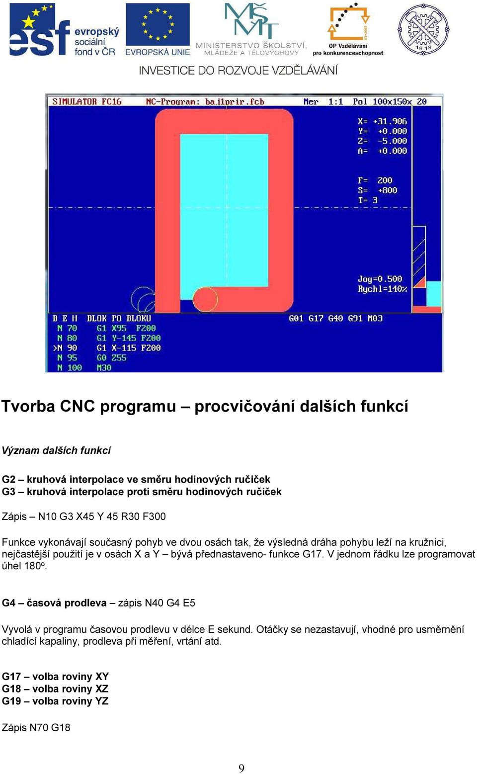 a Y bývá přednastaveno- funkce G17. V jednom řádku lze programovat úhel 180 o. G4 časová prodleva zápis N40 G4 E5 Vyvolá v programu časovou prodlevu v délce E sekund.