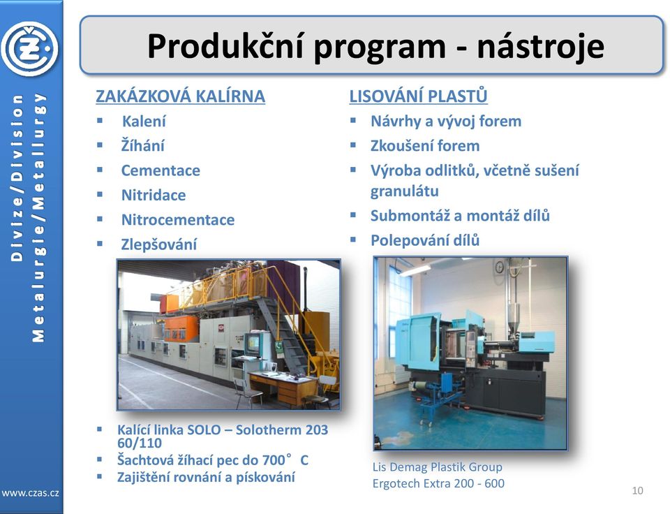 granulátu Submontáž a montáž dílů Polepování dílů Kalící linka SOLO Solotherm 203 60/110