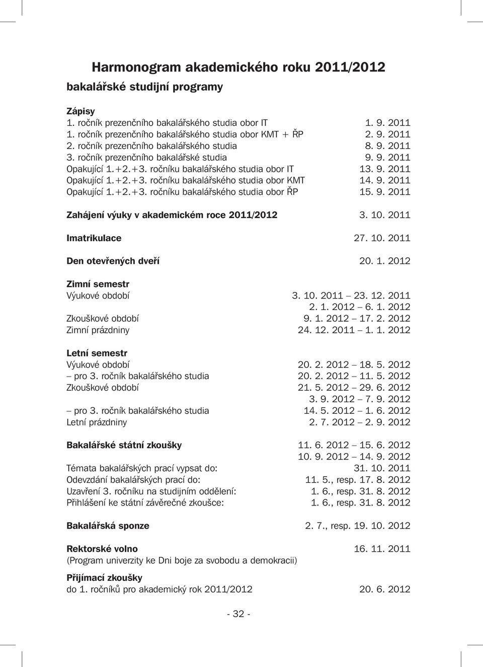 9. 2011 Opakující 1.+2.+3. ročníku bakalářského studia obor ŘP 15. 9. 2011 Zahájení výuky v akademickém roce 2011/2012 3. 10. 2011 Imatrikulace 27. 10. 2011 Den otevřených dveří 20. 1. 2012 Zimní semestr Výukové období 3.