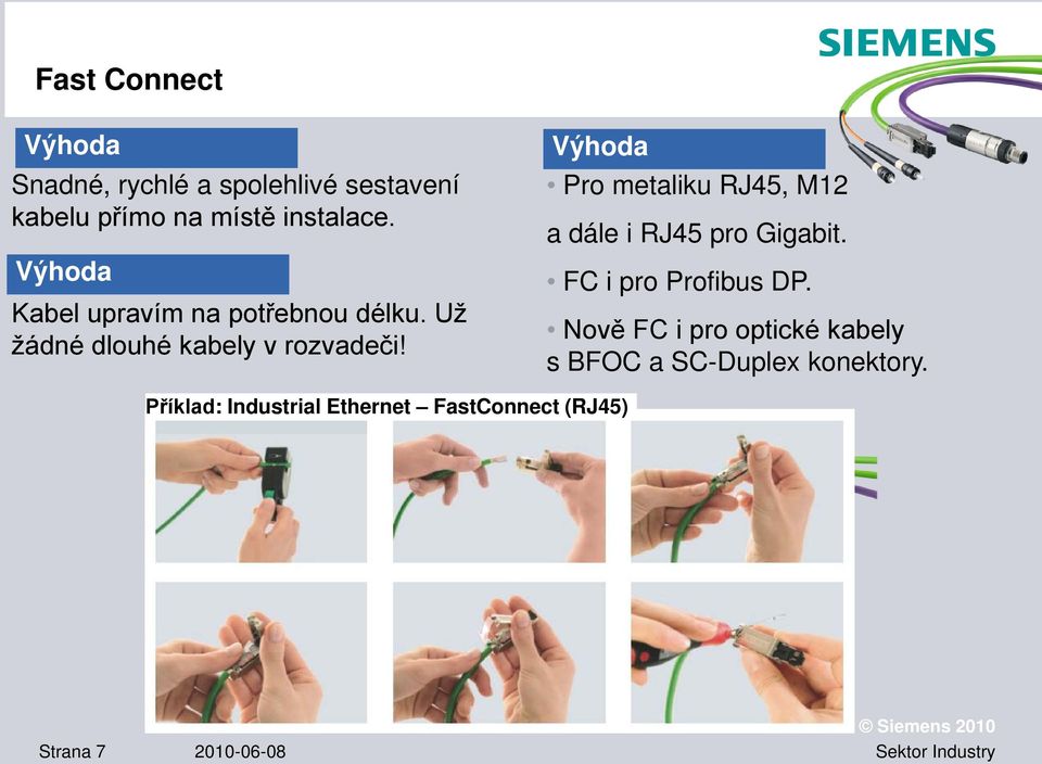 Výhoda Pro metaliku RJ45, M12 a dále i RJ45 pro Gigabit. FC i pro Profibus DP.