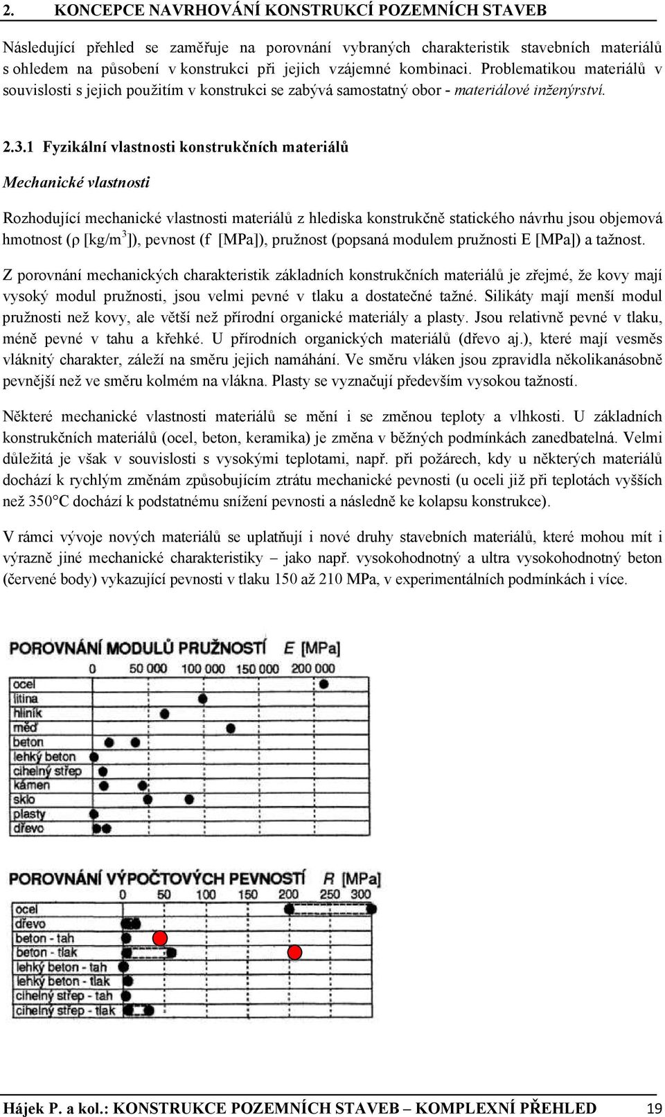 1 Fyzikální vlastnosti konstrukčních materiálů Mechanické vlastnosti Rozhodující mechanické vlastnosti materiálů z hlediska konstrukčně statického návrhu jsou objemová hmotnost (ρ [kg/m 3 ]), pevnost