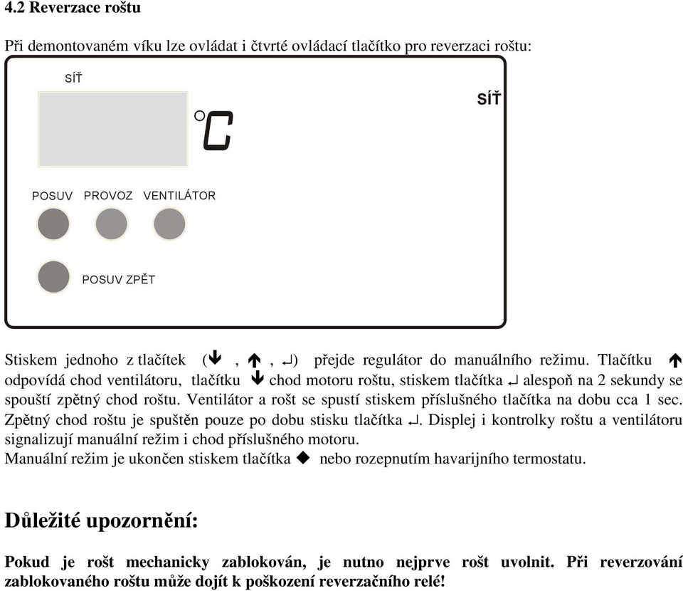 Ventilátor a rošt se spustí stiskem příslušného tlačítka na dobu cca 1 sec. Zpětný chod roštu je spuštěn pouze po dobu stisku tlačítka.