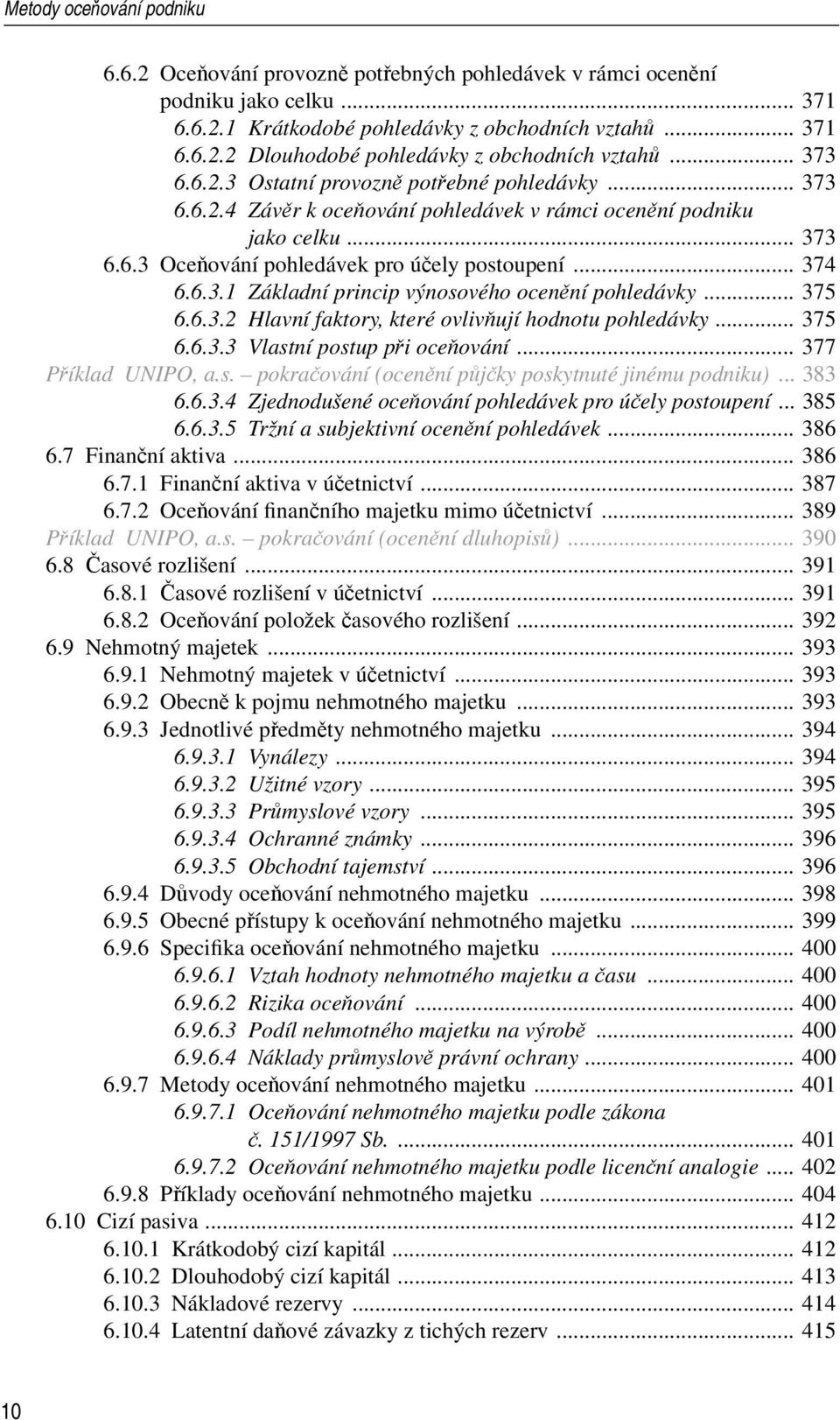 .. 375 6.6.3.2 Hlavní faktory, které ovlivňují hodnotu pohledávky... 375 6.6.3.3 Vlastní postup při oceňování... 377 Příklad UNIPO, a.s. pokračování (ocenění půjčky poskytnuté jinému podniku)... 383 6.