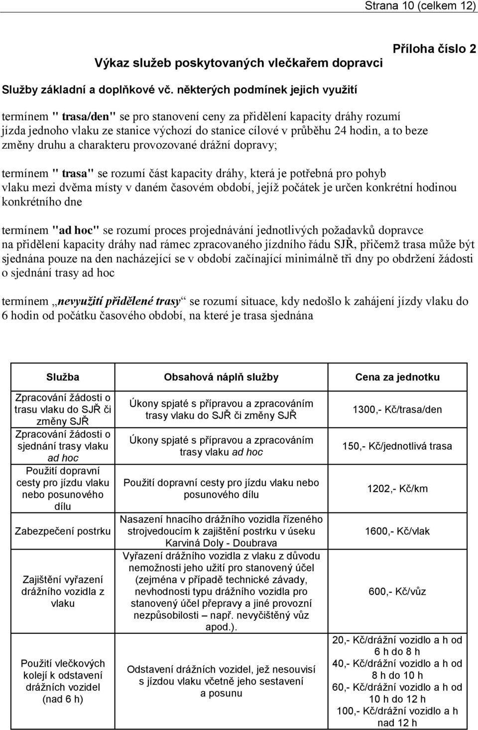 změny druhu a charakteru provozované drážní dopravy; termínem " trasa" se rozumí část kapacity dráhy, která je potřebná pro pohyb vlaku mezi dvěma místy v daném časovém období, jejíž počátek je určen
