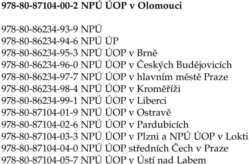 Kroměříži 978-80-86234-99-1 NPÚ ÚOP v Liberci 978-80-87104-01-9 NPÚ ÚOP v Ostravě 978-80-87104-02-6 NPÚ ÚOP v Pardubicích