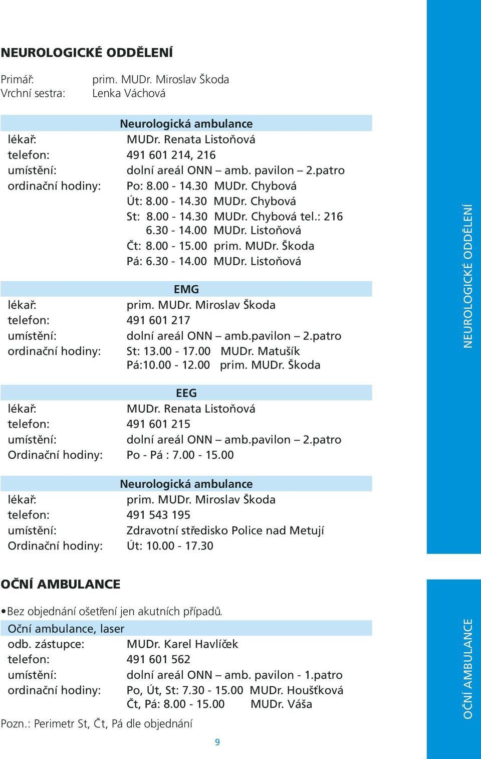 pavilon 2.patro ordinační hodiny: St: 13.00-17.00 MUDr. Matušík Pá:10.00-12.00 prim. MUDr. Škoda NEUROLOGICKÉ ODDĚLENÍ EEG MUDr. Renata Listoňová telefon: 491 601 215 dolní areál ONN amb.pavilon 2.patro Ordinační hodiny: Po - Pá : 7.