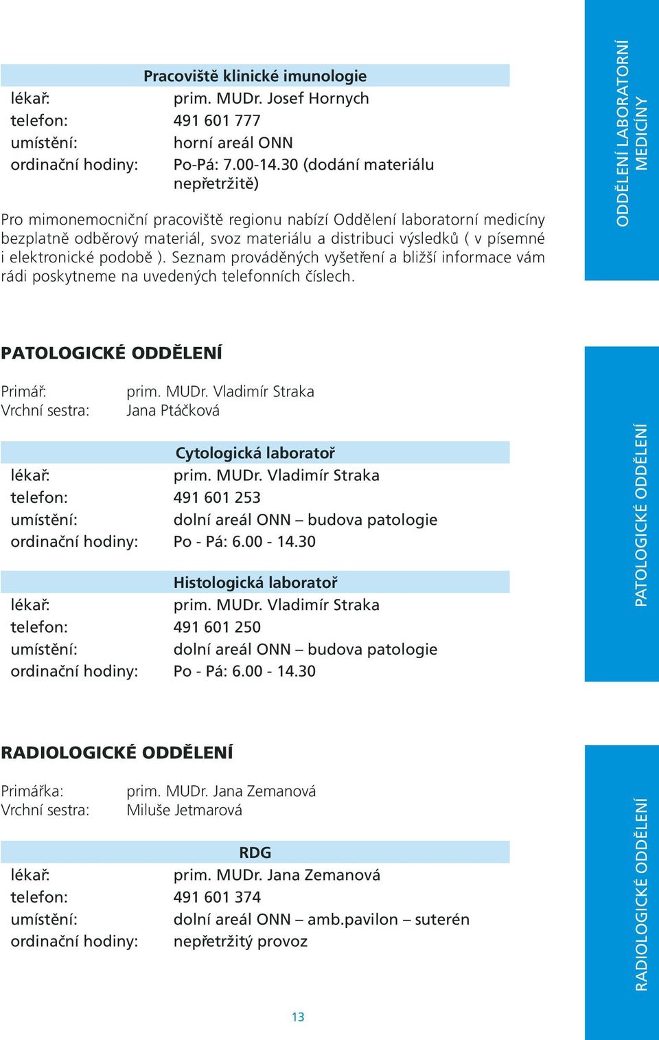 elektronické podobě ). Seznam prováděných vyšetření a bližší informace vám rádi poskytneme na uvedených telefonních číslech. ODDĚLENÍ LABORATORNÍ MEDICÍNY PATOLOGICKÉ ODDĚLENÍ prim. MUDr.