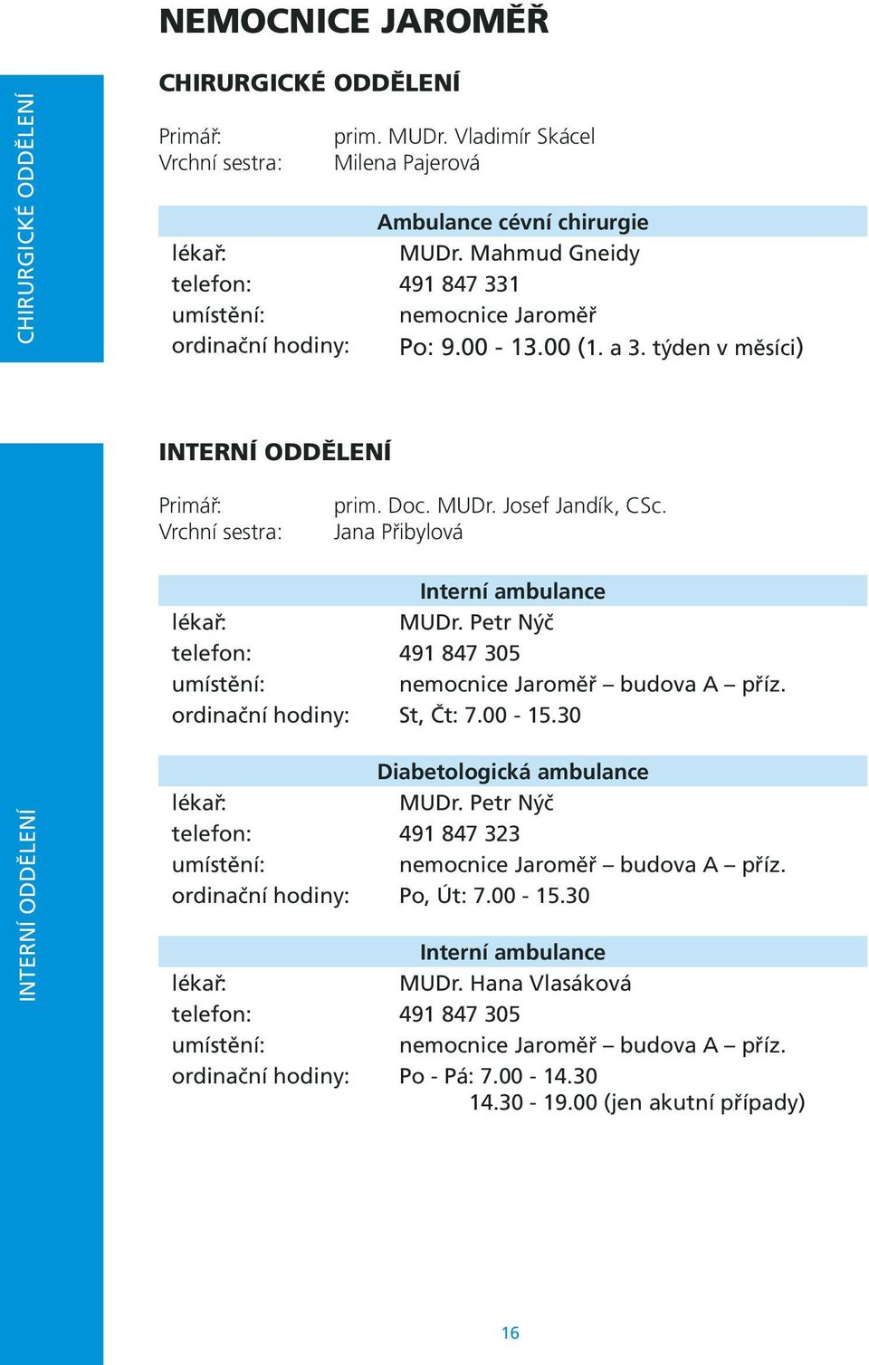 Jana Přibylová Interní ambulance MUDr. Petr Nýč telefon: 491 847 305 nemocnice Jaroměř budova A příz. ordinační hodiny: St, Čt: 7.00-15.30 Diabetologická ambulance MUDr.