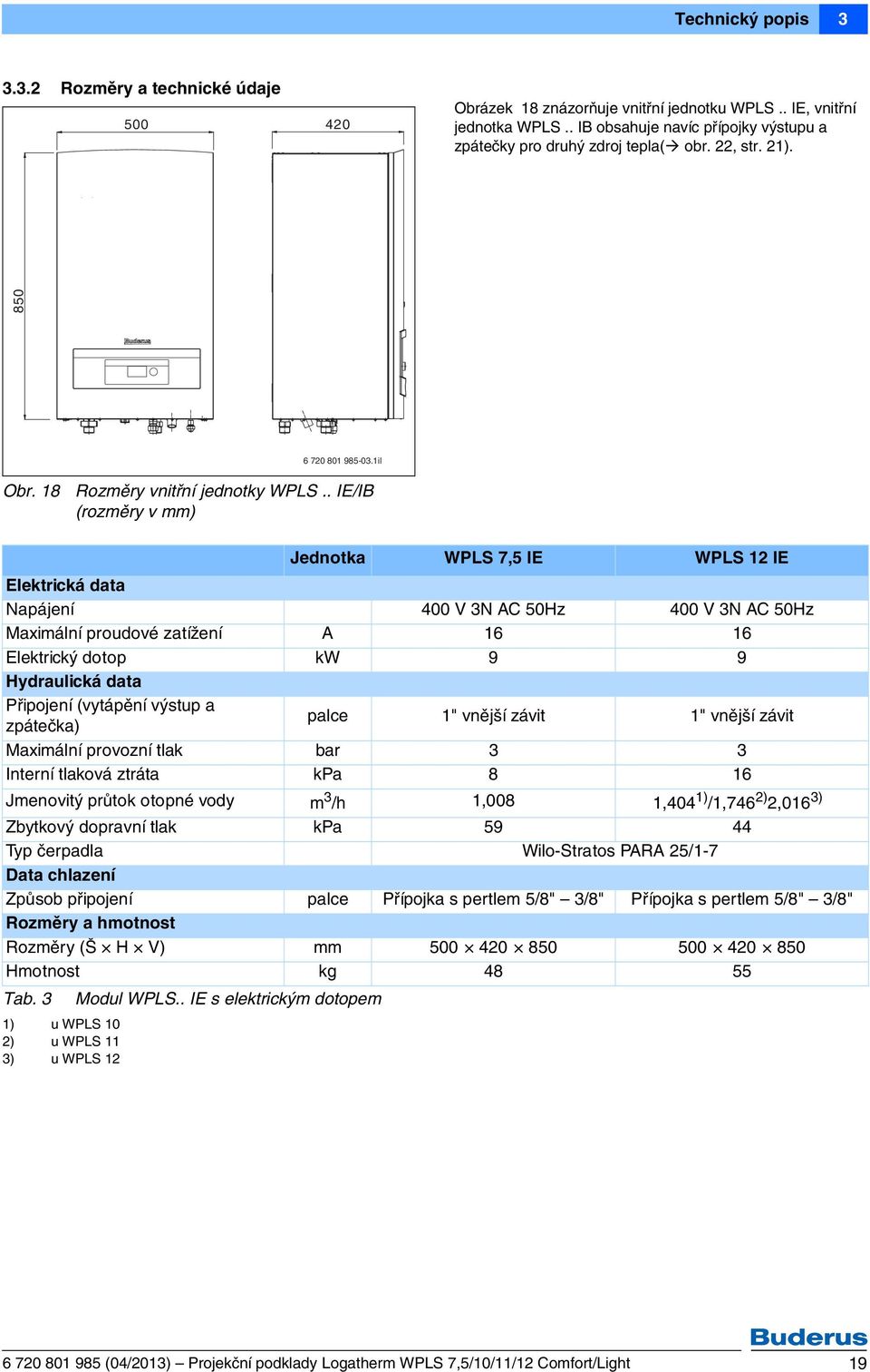 . IE/IB (rozměry v mm) Jednotka WPLS 7,5 IE WPLS 12 IE Elektrická data Napájení 400 V 3N AC 50Hz 400 V 3N AC 50Hz Maximální proudové zatížení A 16 16 Elektrický dotop kw 9 9 Hydraulická data