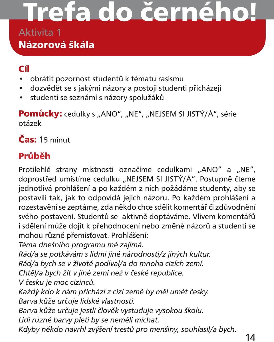 NEJSEM SI JISTÝ/Á, série otázek Čas: 15 minut Průběh Protilehlé strany místnosti označíme cedulkami ANO a NE, doprostřed umístíme cedulku NEJSEM SI JISTÝ/Á.