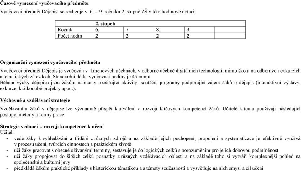 Počet hodin 2 2 2 2 Organizační vymezení vyučovacího předmětu Vyučovací předmět Dějepis je vyučován v kmenových učebnách, v odborné učebně digitálních technologií, mimo školu na odborných exkurzích a