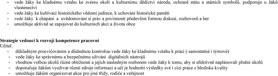 Strategie vedoucí k rozvoji kompetence pracovní Učitel: - důkladným procvičováním a důslednou kontrolou vede žáky ke kladnému vztahu k práci ( samostatné i týmové) - vede žáky ke správnému a