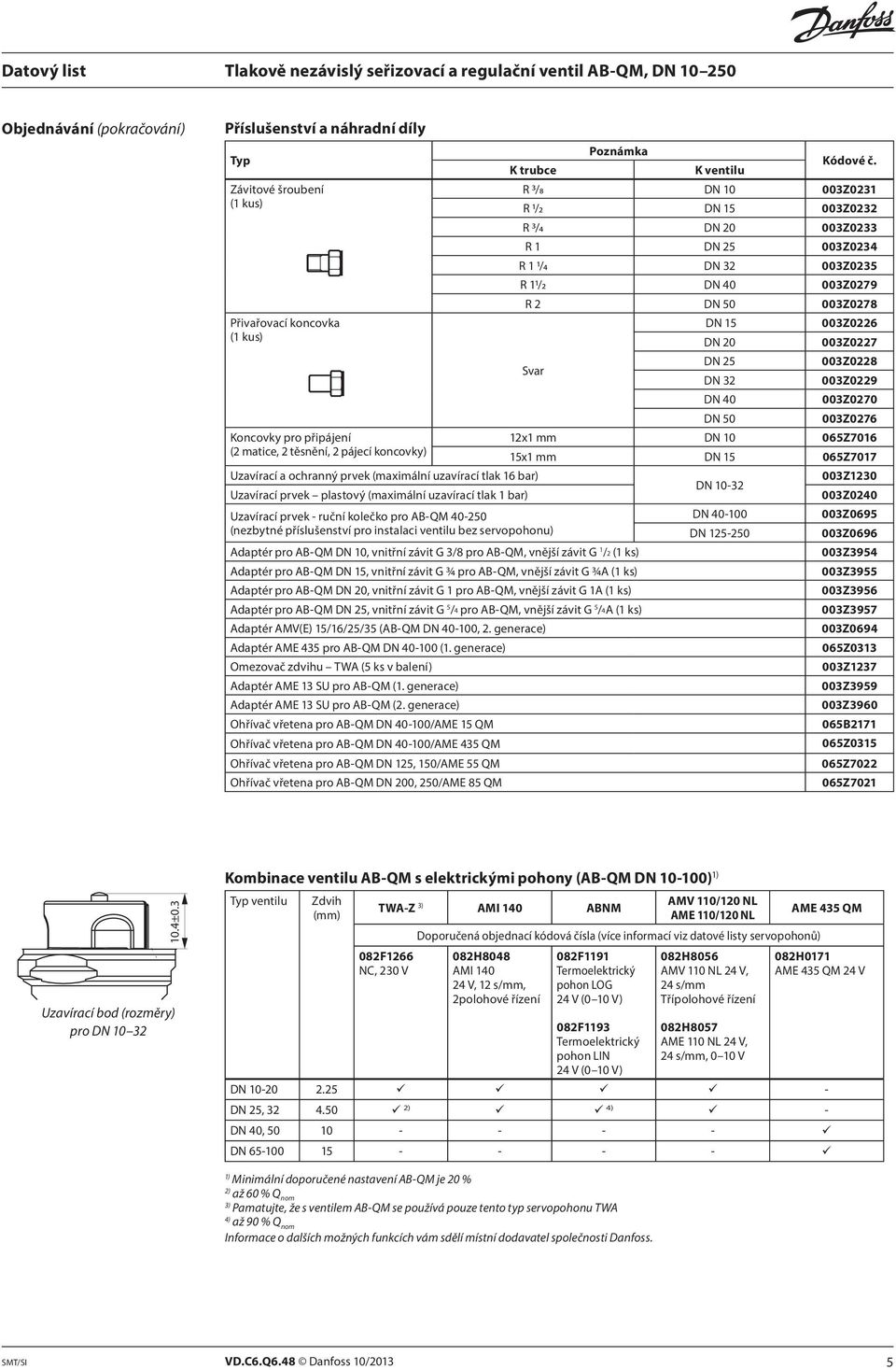 003Z0226 (1 kus) DN 20 003Z0227 Svar DN 25 003Z0228 DN 32 003Z0229 DN 40 003Z0270 DN 50 003Z0276 Koncovky pro připájení 12x1 mm DN 10 065Z7016 (2 matice, 2 těsnění, 2 pájecí koncovky) 15x1 mm DN 15