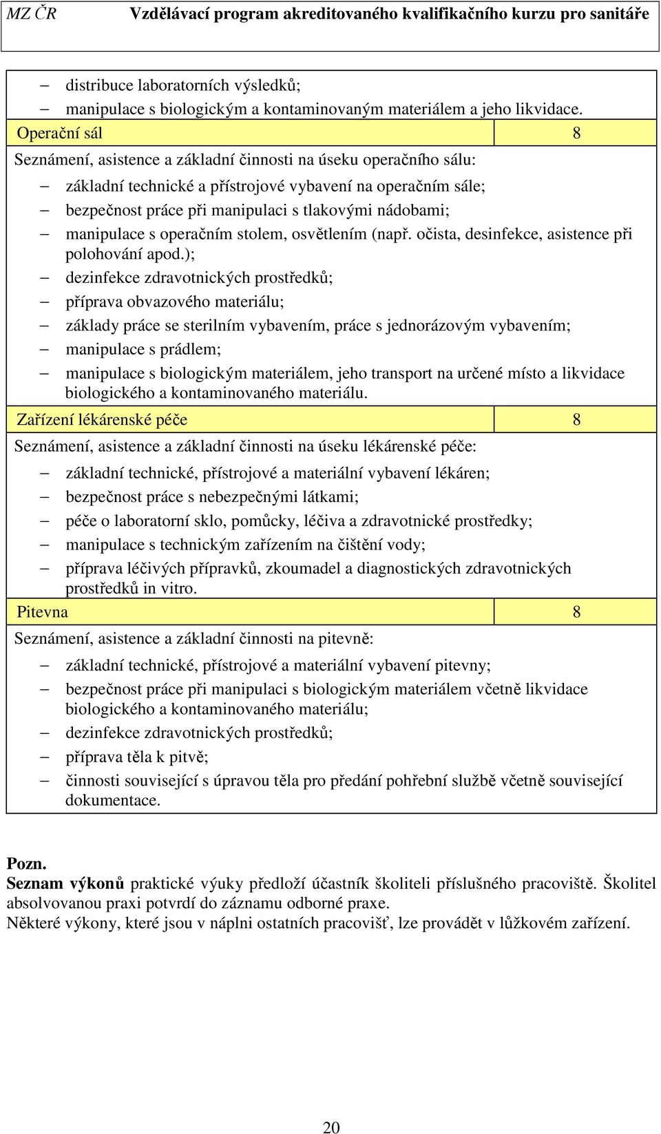 manipulace s operačním stolem, osvětlením (např. očista, desinfekce, asistence při polohování apod.