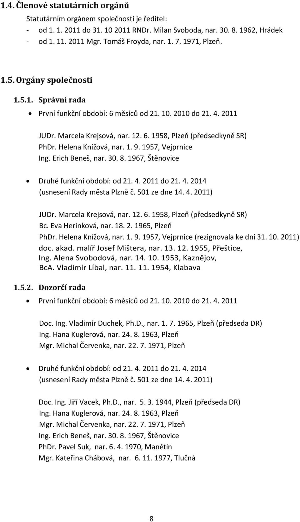 Helena Knížová, nar. 1. 9. 1957, Vejprnice Ing. Erich Beneš, nar. 30. 8. 1967, Štěnovice Druhé funkční období: od 21. 4. 2011 do 21. 4. 2014 (usnesení Rady města Plzně č. 501 ze dne 14. 4. 2011) JUDr.