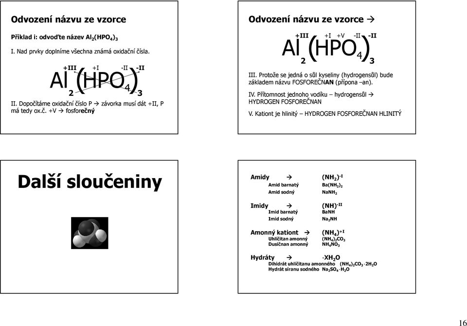 Protože se jedná o sůl kyseliny (hydrogensůl) bude základem názvu FOSFOREČNAN (přípona an). IV. Přítomnost jednoho vodíku hydrogensůl HYDROGEN FOSFOREČNAN V.