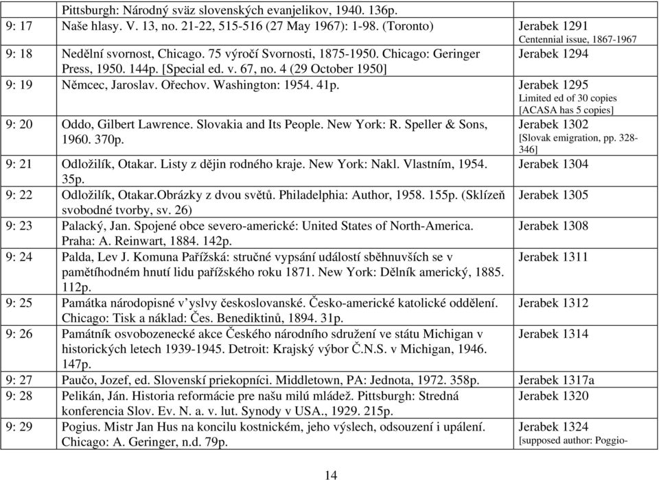 4 (29 October 1950] 9: 19 Němcec, Jaroslav. Ořechov. Washington: 1954. 41p. Jerabek 1295 Limited ed of 30 copies [ACASA has 5 copies] 9: 20 Oddo, Gilbert Lawrence. Slovakia and Its People.