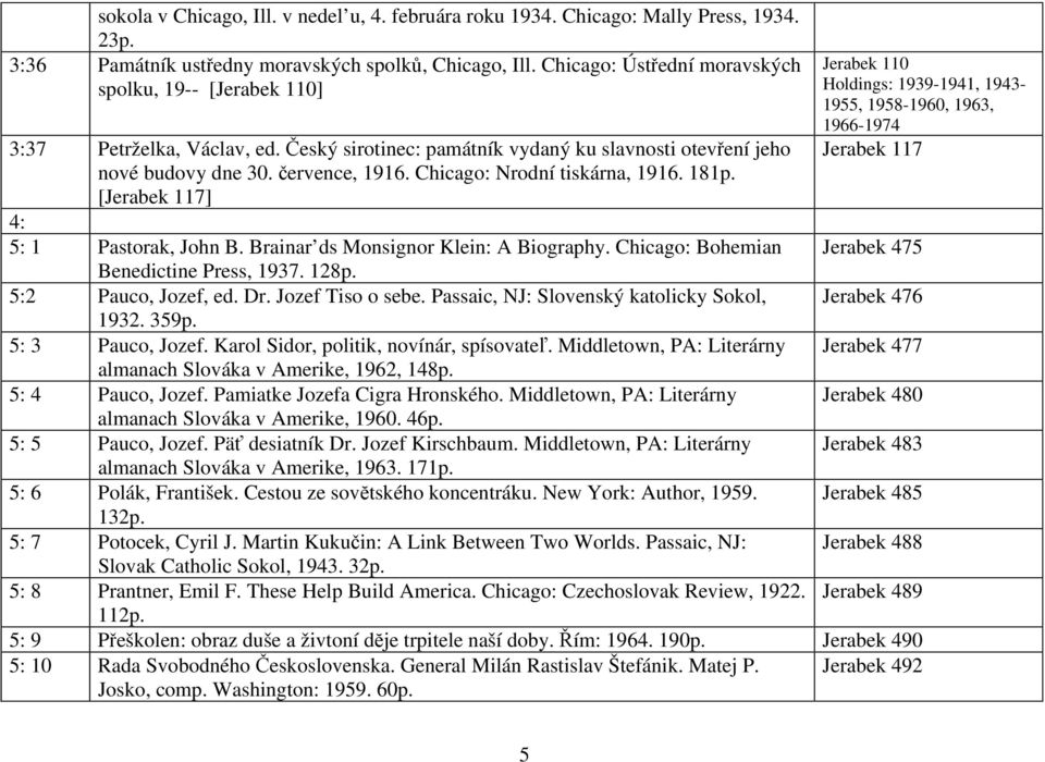Chicago: Nrodní tiskárna, 1916. 181p. [Jerabek 117] 4: 5: 1 Pastorak, John B. Brainar ds Monsignor Klein: A Biography. Chicago: Bohemian Benedictine Press, 1937. 128p. 5:2 Pauco, Jozef, ed. Dr.