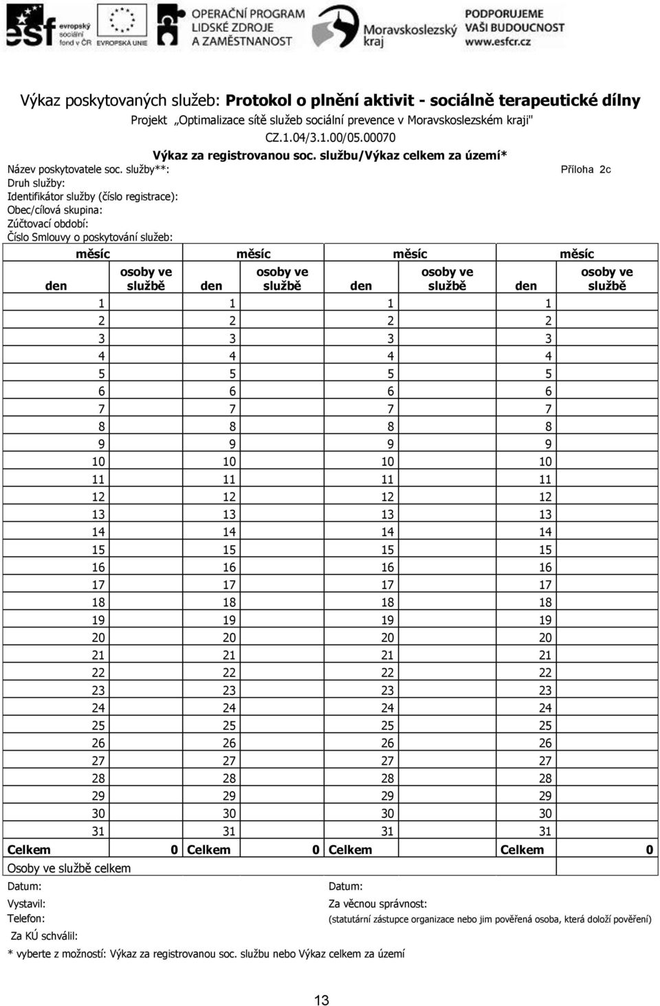 služby**: Druh služby: Identifikátor služby (číslo registrace): Obec/cílová skupina: Zúčtovací období: Číslo Smlouvy o poskytování služeb: den Příloha 2c měsíc měsíc měsíc měsíc osoby ve službě den