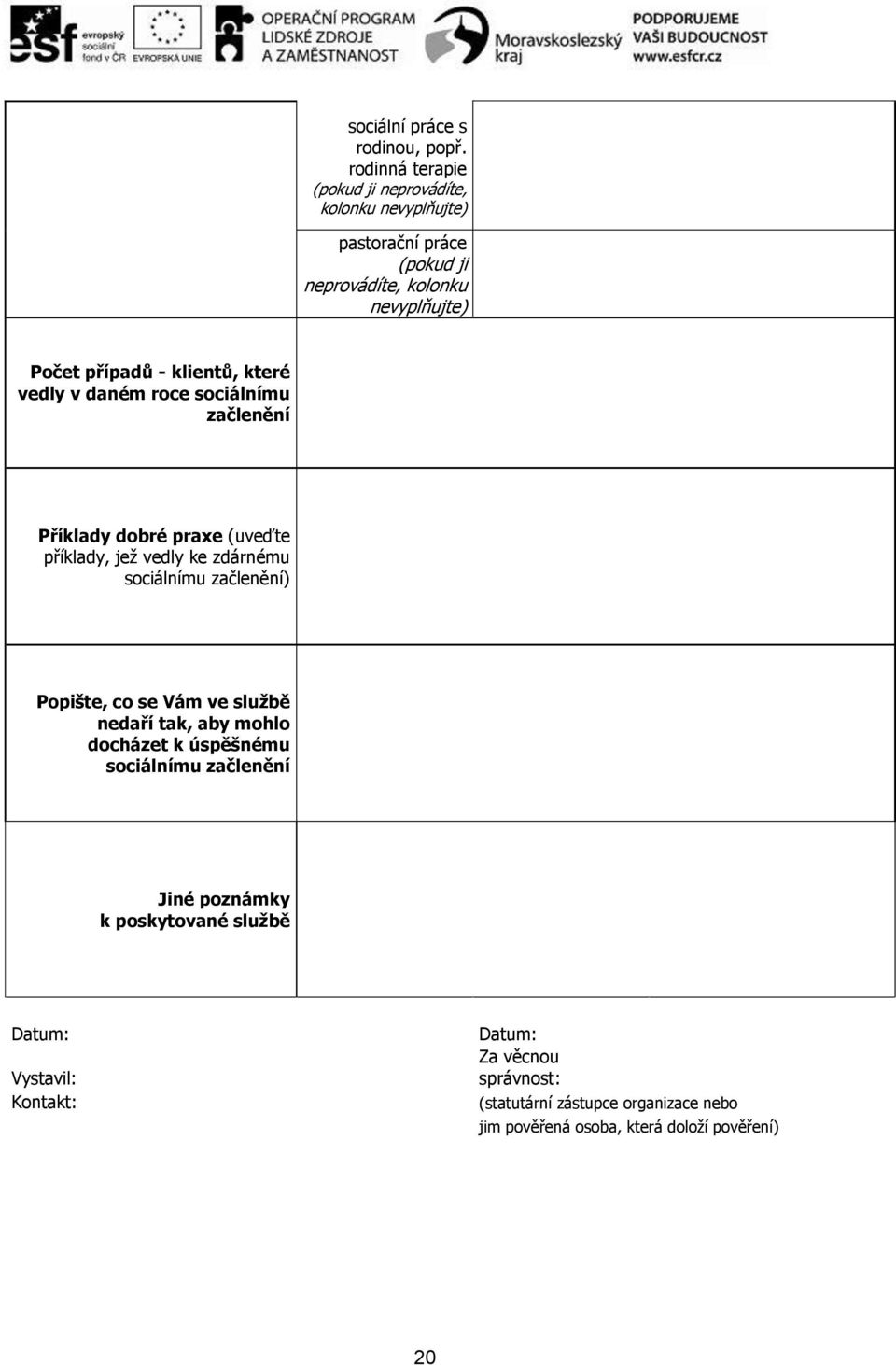 klientů, které vedly v daném roce sociálnímu začlenění Příklady dobré praxe (uveďte příklady, jež vedly ke zdárnému sociálnímu začlenění)