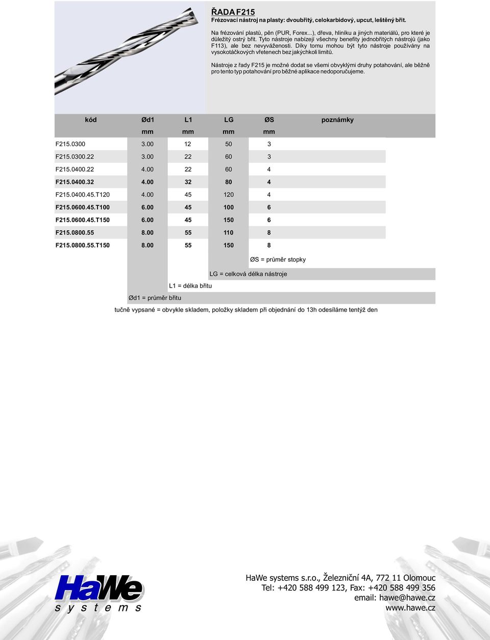 Nástroje z řady F215 je možné dodat se všemi obvyklými druhy potahování, ale běžně pro tento typ potahování pro běžné aplikace nedoporučujeme. F215.0300 3.00 12 50 3 F215.0300.22 3.00 22 60 3 F215.
