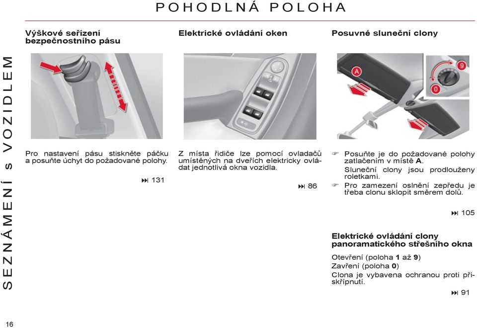 86 Posuňte je do požadované polohy zatlačením v místě A. Sluneční clony jsou prodlouženy roletkami.