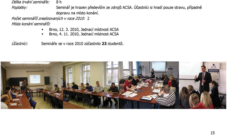 Počet seminářů zrealizovaných v roce 2010: 2 Místa konání seminářů: Brno, 12. 3.