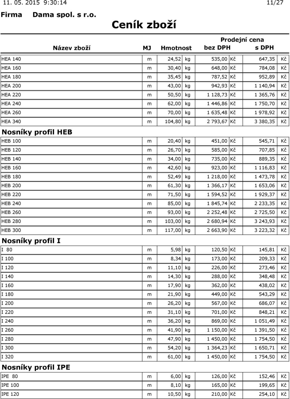 128,73 Kč 1 365,76 Kč HEA 240 m 62,00 kg 1 446,86 Kč 1 750,70 Kč HEA 260 m 70,00 kg 1 635,48 Kč 1 978,92 Kč HEA 340 m 104,80 kg 2 793,67 Kč 3 380,35 Kč Nosníky profil HEB HEB 100 m 20,40 kg 451,00 Kč