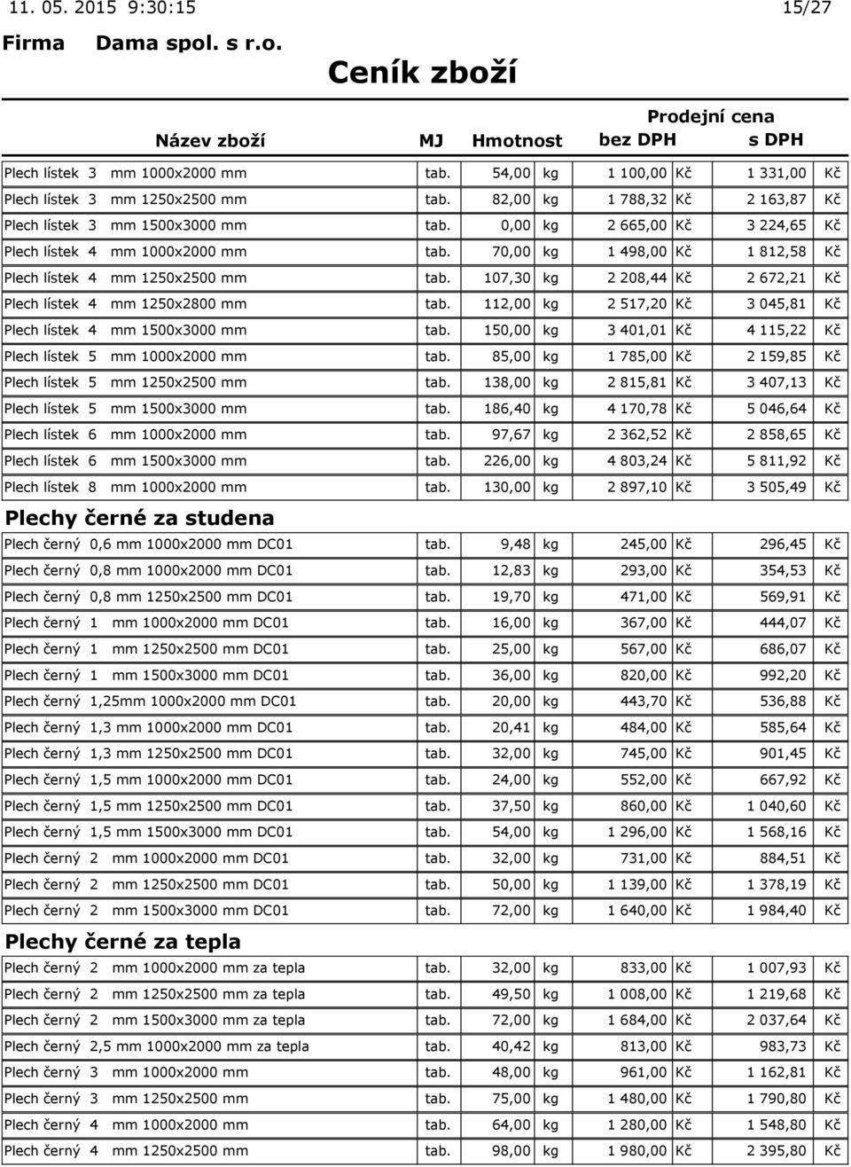 107,30 kg 2 208,44 Kč 2 672,21 Kč Plech lístek 4 mm 1250x2800 mm tab. 112,00 kg 2 517,20 Kč 3 045,81 Kč Plech lístek 4 mm 1500x3000 mm tab.