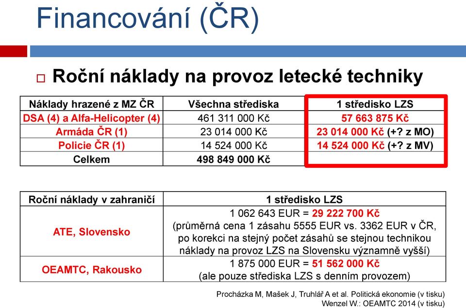 z MV) Celkem 498 849 000 Kč Roční náklady v zahraničí ATE, Slovensko OEAMTC, Rakousko 1 středisko LZS 1 062 643 EUR = 29 222 700 Kč (průměrná cena 1 zásahu 5555 EUR vs.