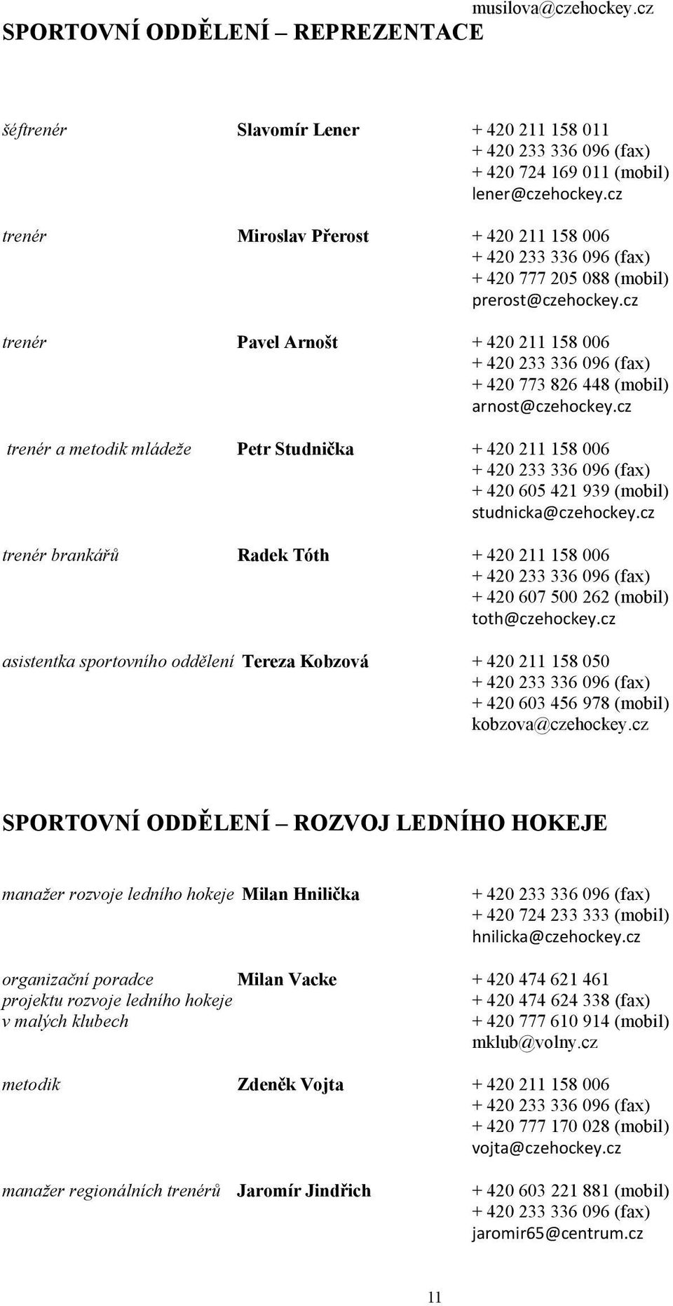 cz trenér Pavel Arnošt + 420 211 158 006 + 420 233 336 096 (fax) + 420 773 826 448 (mobil) arnost@czehockey.