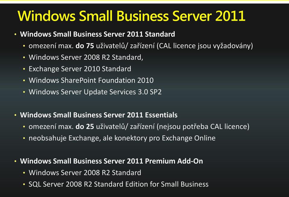 Foundation 2010 Windows Server Update Services 3.0 SP2 Windows Small Business Server 2011 Essentials omezení max.