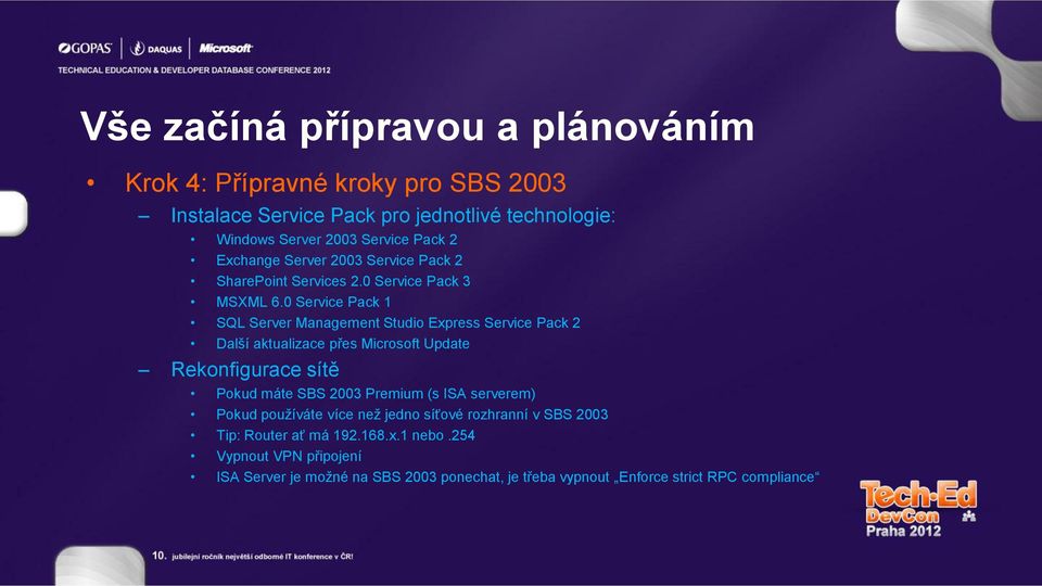 0 Service Pack 1 SQL Server Management Studio Express Service Pack 2 Další aktualizace přes Microsoft Update Rekonfigurace sítě Pokud máte SBS 2003 Premium