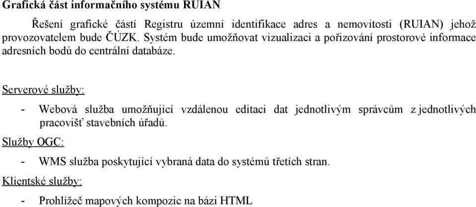 Systém bude umožňovat vizualizaci a pořizování prostorové informace adresních bodů do centrální databáze.