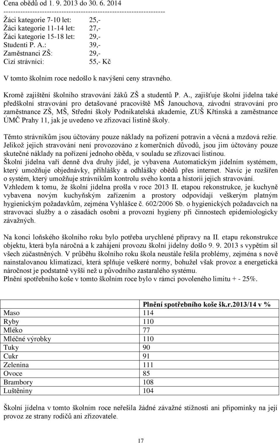 : 39,- Zaměstnanci ZŠ: 29,- Cizí strávníci: 55,- Kč V tomto školním roce nedošlo k navýšení ceny stravného. Kromě zajištění školního stravování žáků ZŠ a studentů P. A.