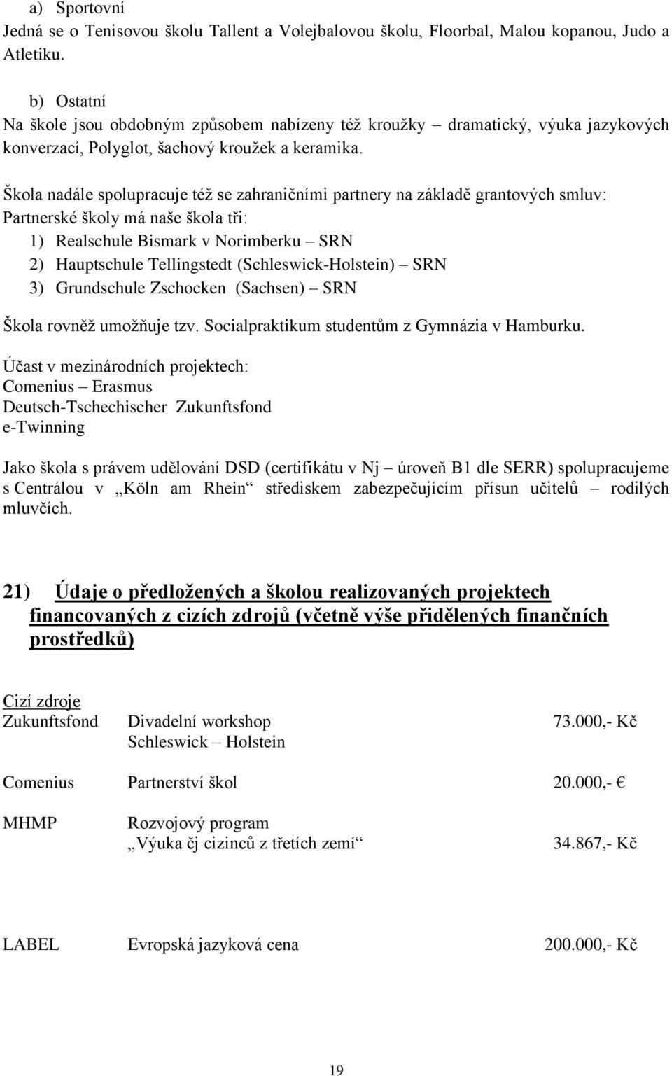 Škola nadále spolupracuje též se zahraničními partnery na základě grantových smluv: Partnerské školy má naše škola tři: 1) Realschule Bismark v Norimberku SRN 2) Hauptschule Tellingstedt