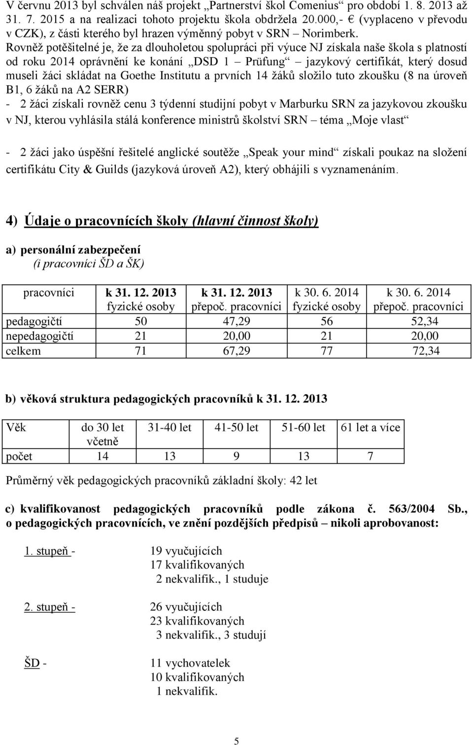 Rovněž potěšitelné je, že za dlouholetou spolupráci při výuce NJ získala naše škola s platností od roku 2014 oprávnění ke konání DSD 1 Prüfung jazykový certifikát, který dosud museli žáci skládat na