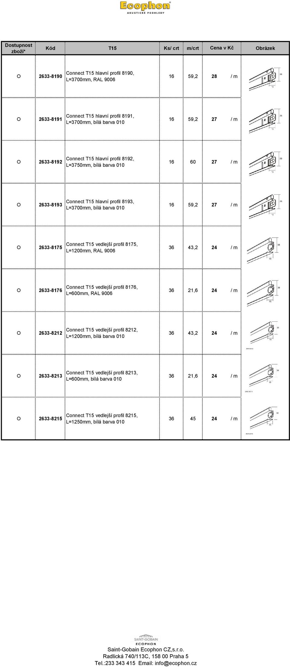 Connect T15 vedlejší profil 8175, L=1200mm, RAL 9006 36 43,2 24 / m 2633-8176 Connect T15 vedlejší profil 8176, L=600mm, RAL 9006 36 21,6 24 / m 2633-8212 Connect T15 vedlejší profil 8212,