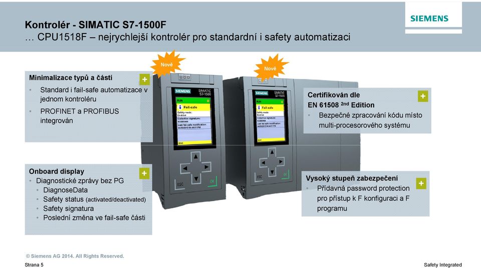 zpracování kódu místo multi-procesorového systému Onboard display + Diagnostické zprávy bez PG DiagnoseData Safety status