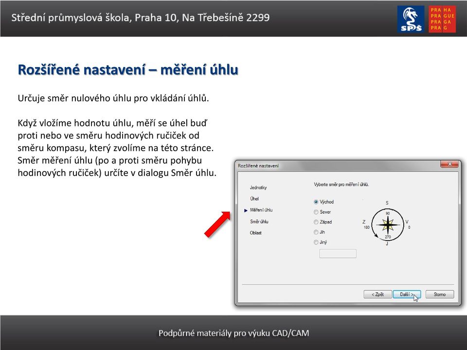 hodinových ručiček od směru kompasu, který zvolíme na této stránce.