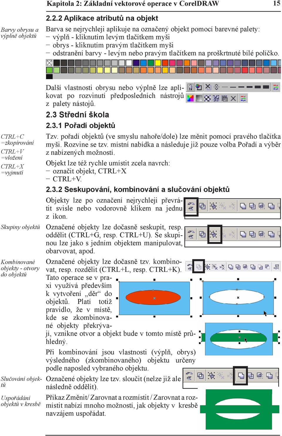 2.2 Aplikace atributů na objekt Barva se nejrychleji aplikuje na označený objekt pomocí barevné palety: výplň - kliknutím levým tlačítkem myši obrys - kliknutím pravým tlačítkem myši odstranění barvy