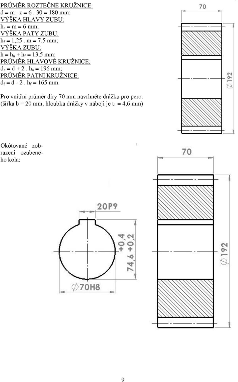 m = 7,5 mm; VÝŠKA ZUBU: h = h a + h f = 13,5 mm; PRŮMĚR HLAVOVÉ KRUŽNICE: d a = d + 2.