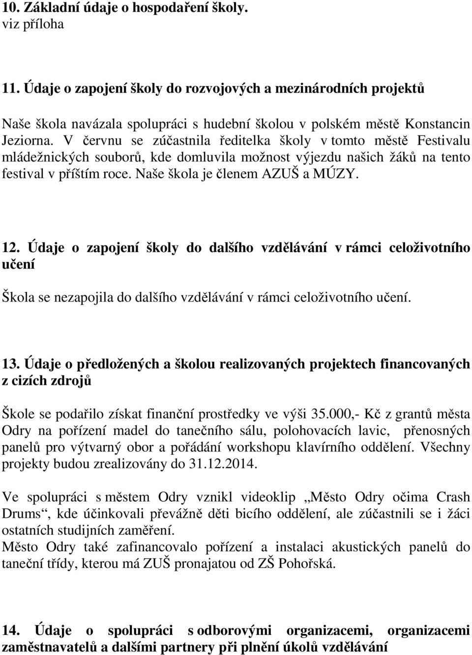 V červnu se zúčastnila ředitelka školy v tomto městě Festivalu mládežnických souborů, kde domluvila možnost výjezdu našich žáků na tento festival v příštím roce. Naše škola je členem AZUŠ a MÚZY. 12.