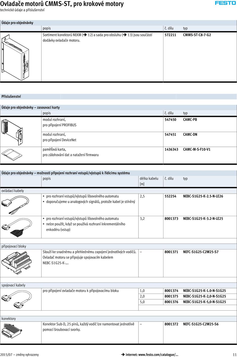 dílu typ modul rozhraní, pro připojení PROFIBUS 547450 CAMC-PB modul rozhraní, pro připojení DeviceNet paměťová karta, pro zálohování dat a natažení firmwaru 547451 CAMC-DN 1436343 CAMC-M-S-F10-V1