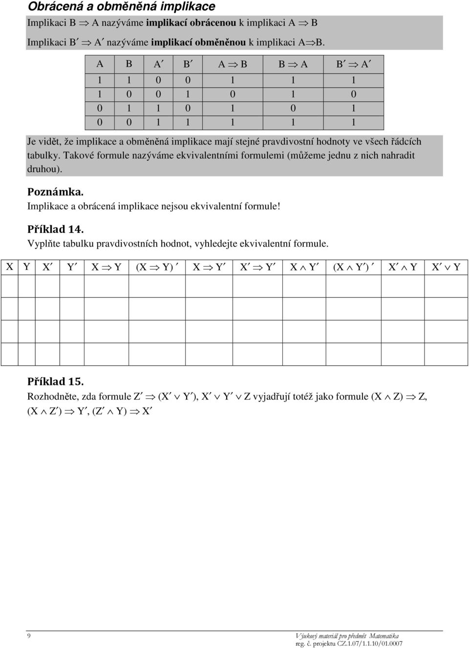 Takové formule nazýváme ekvivalentními formulemi (můžeme jednu z nich nahradit druhou). Poznámka. Implikace a obrácená implikace nejsou ekvivalentní formule! Příklad 14.