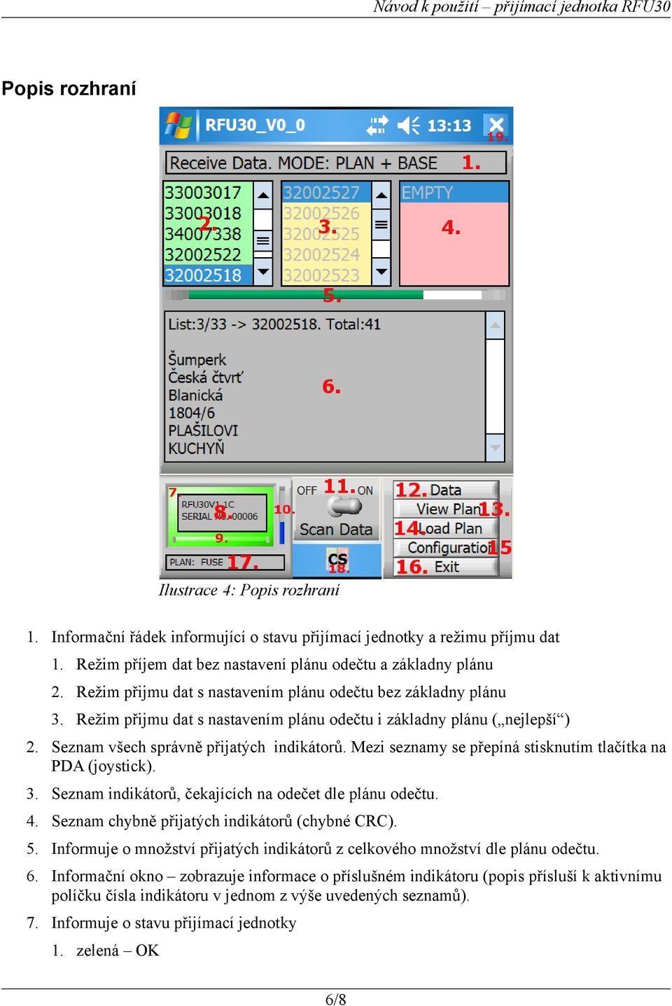 Režim přijmu dat s nastavením plánu odečtu i základny plánu ( nejlepší ) 2. Seznam všech správně přijatých indikátorů. Mezi seznamy se přepíná stisknutím tlačítka na PDA (joystick). 3.