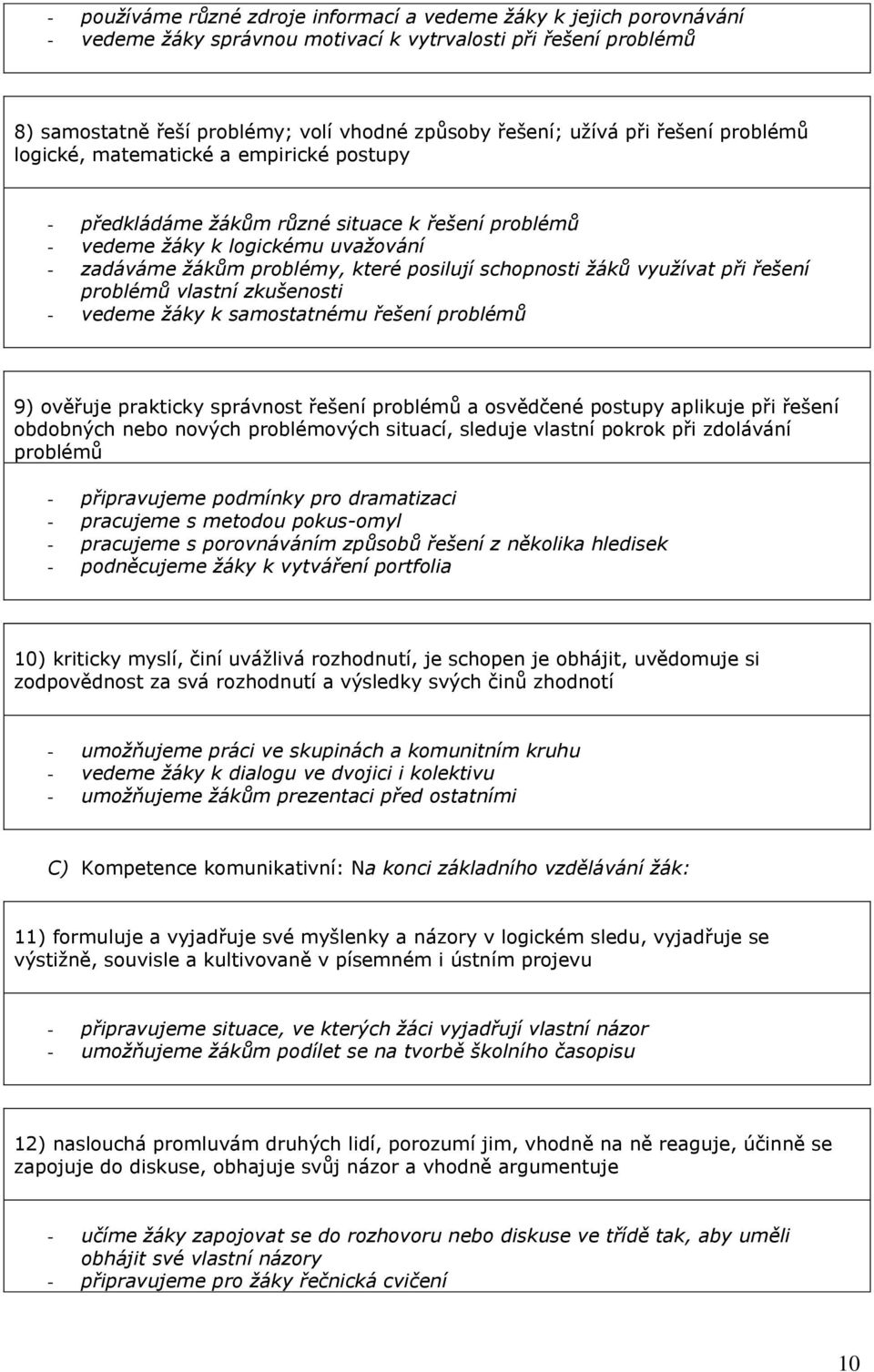 schopnosti žáků využívat při řešení problémů vlastní zkušenosti - vedeme žáky k samostatnému řešení problémů 9) ověřuje prakticky správnost řešení problémů a osvědčené postupy aplikuje při řešení